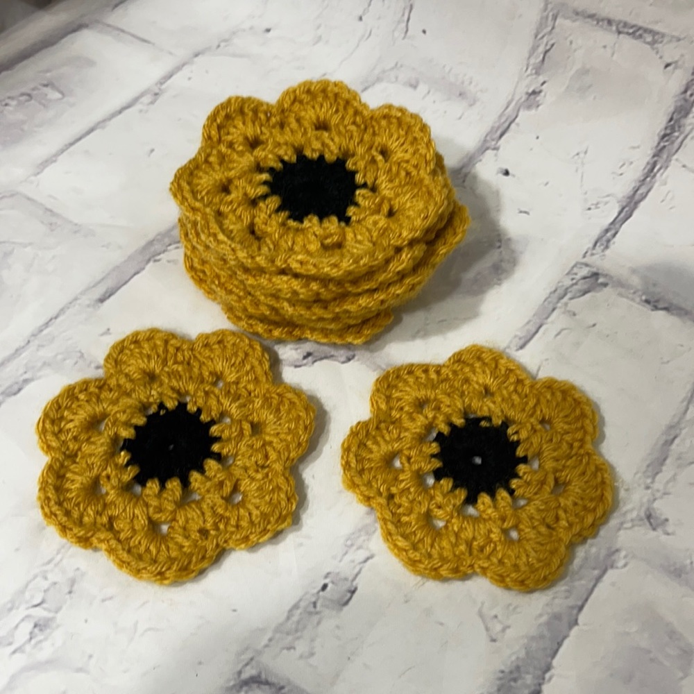 Handmade Crochet Granny Circle Coasters Set of Eight Black and Gold